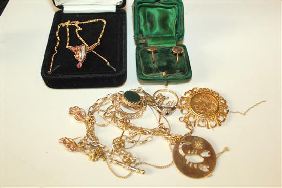 Sovereign pendant with 9ct gold mount, ruby set earring and necklace and other gold jewellery